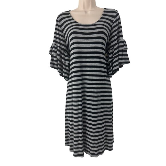 Size 14/16 1X BLACK/GRAY STRIPED ULTRA-SOFT KNIT SHIFT DRESS Ruffle Sleeve PLUS‎ - Picture 1 of 4